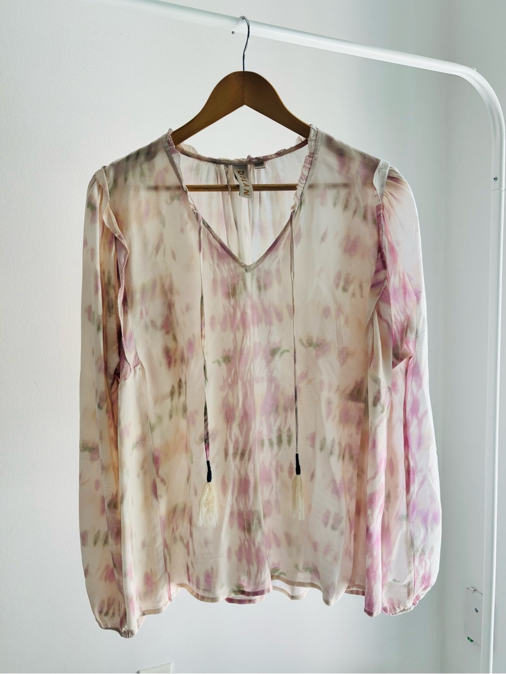 DOLAN Pink and Cream Tie-Dye V-Neck Blouse with Tassel Ties
